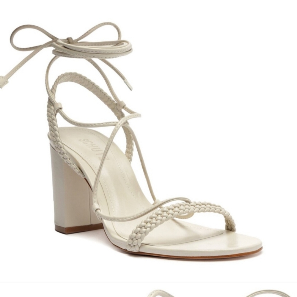 New SCHUTZ Maxima Leather Strappy Braided Wrap Block Heel White Ivory 7.5 - Picture 2 of 12